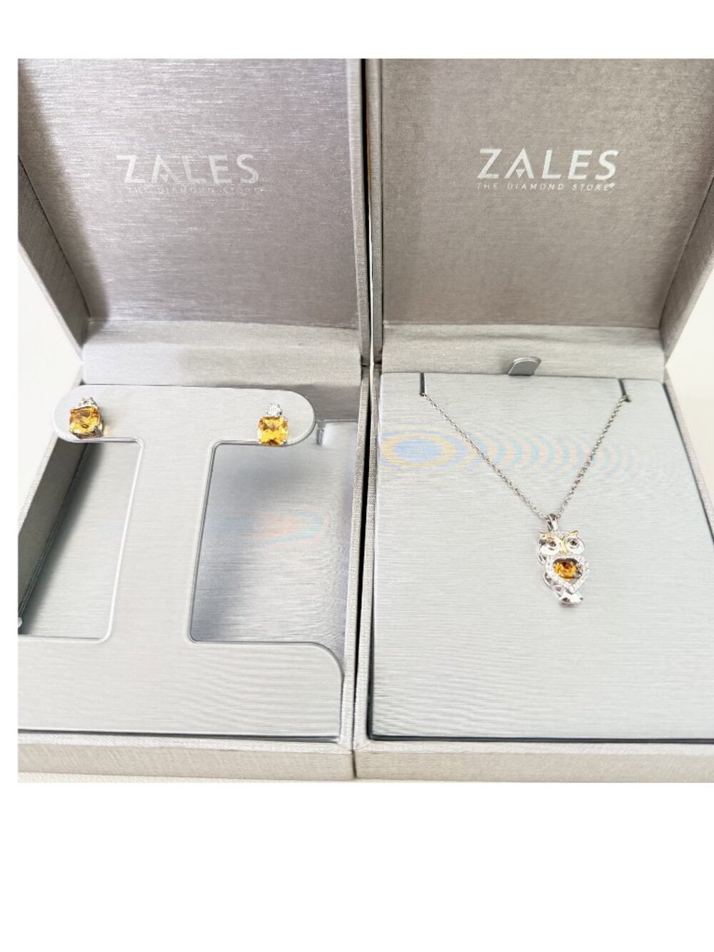 Zales Citrine Owl Pendant Necklace and Earrings *NIB*